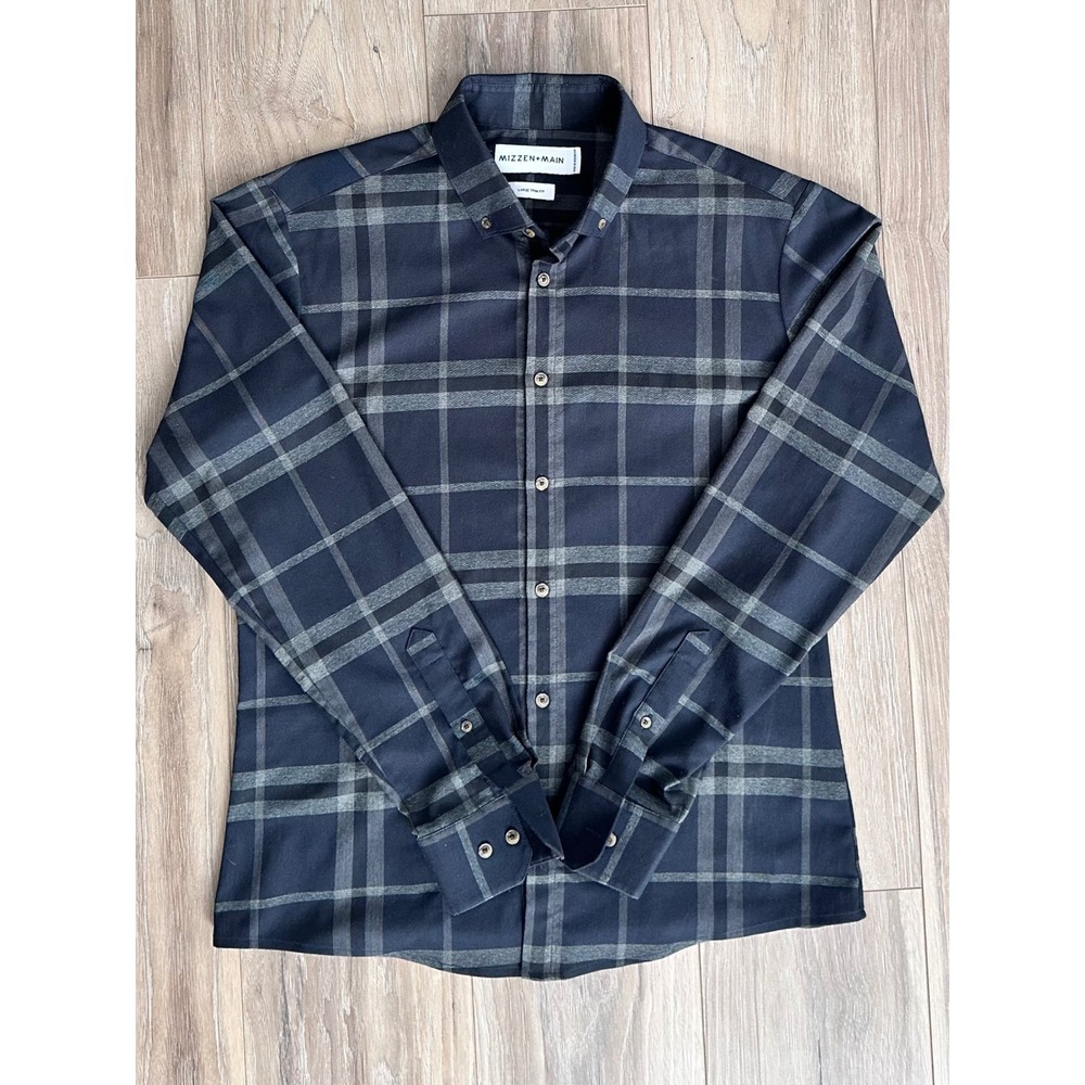 Mizzen+Main Mens LG Trim Fit Performance Plaid Button Down Navy Black Preppy